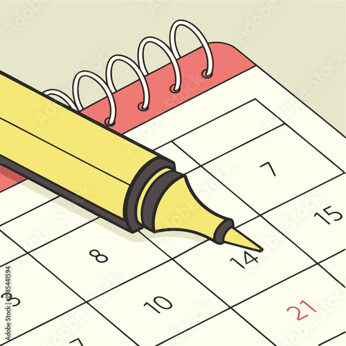 Yellow highlighter marking the fourteenth day on a calendar with a red cover and white spiral binding
