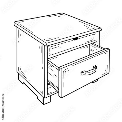 Bedside table is illustrated with one drawer closed and another open