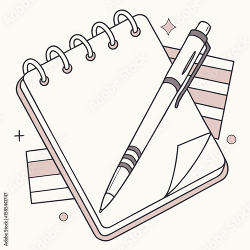A notebook with spiral binding and a pen resting on top of it, along with some decorative elements around it