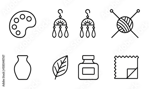 Boho Art Icon Set. Outline icon set of boho art and crafts: paint palette, handmade earrings, beading thread,