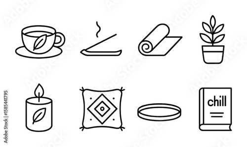 Boho Lifestyle Icons. Outline icon set of boho lifestyle details: herbal tea, incense stick, yoga mat, plant