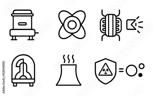 Nuclear Fusion Icon Set. Outline icon set of nuclear fusion advancements: fusion reactor, plasma core,