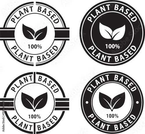 Black white plant based certification seals 100 percent, plant based, 100 percent, certification, seal, logo, stamp, emblem, badge, vegan, vegetarian, organic, natural, healthy, food, product, label, 