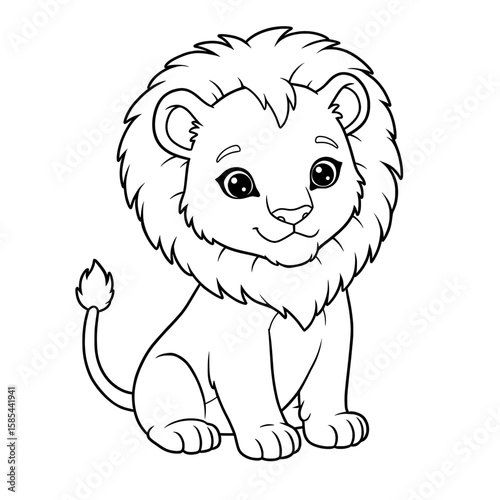 Cartoon line art of a smiling young lion, with detailed fur and a bushy mane