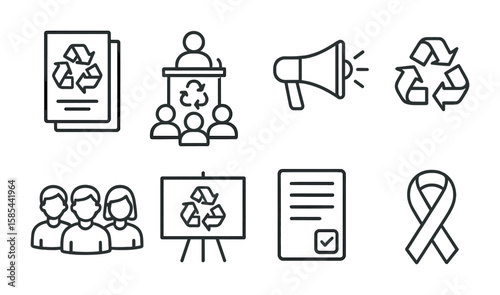 Educational Recycling Icons. Outline vector icons of educational recycling campaigns: flyer icon, school