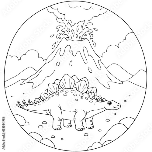 Stegosaurus near the erupting volcano, with mountains and clouds. Coloring book design