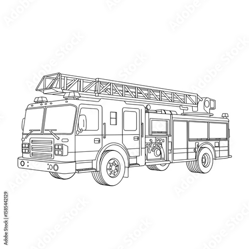Fire Engine Line art of a fire engine truck, showcasing a ladder on top of the cabin