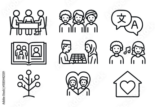Multicultural Family Icons. Outline vector icons of multicultural family life: dinner table, diverse children,