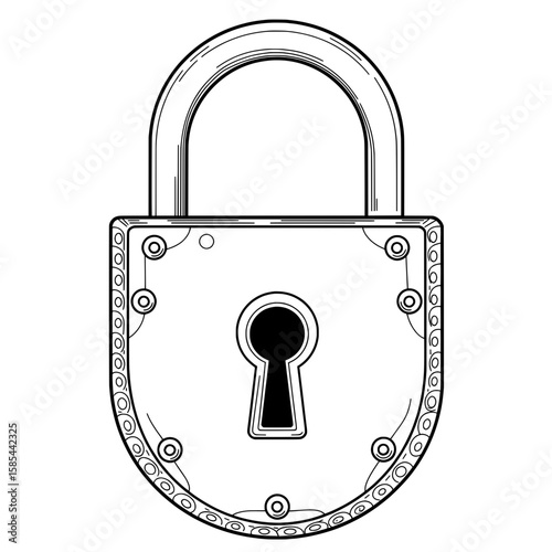 Padlock Icon Line drawing shows a secure, round-shackle padlock, front view, with visible locking mechanism