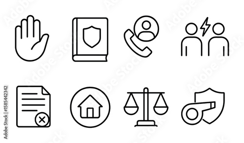 Anti-Discrimination Icons Set. Outline vector icons of anti-discrimination policies: hand stop sign, policy