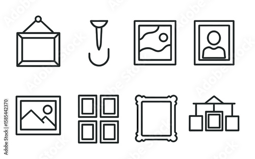Frame Icon Set. Outline icon set of picture frame on wall: hanging frame, nail and hook, abstract art, photo