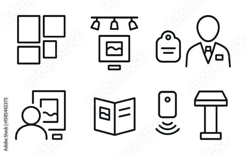 Gallery Exhibit Icons. Outline icon set of gallery exhibition layout: wall grid, art lighting, label tag,