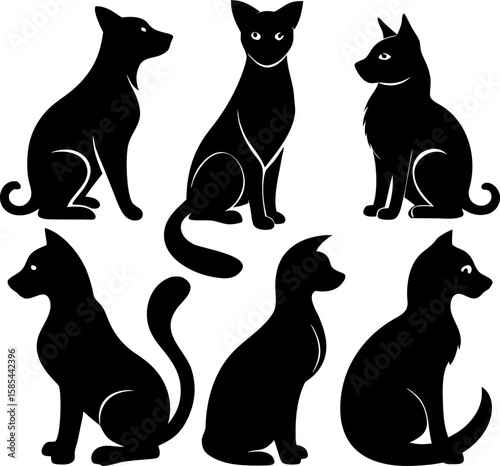 6 Cat and Dog Sitting Silhouette Vector Illustrations