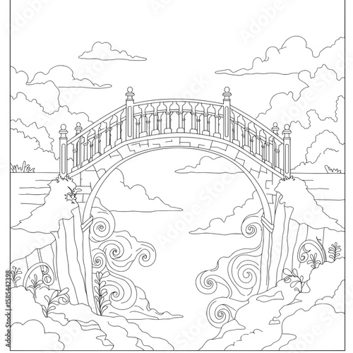 Landscape features a stone bridge over clouds, with balustrades & lion statues