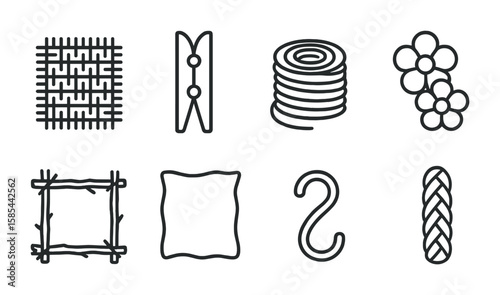 Rustic Craft Icon Set. Outline icon set of rustic home crafts: burlap square, wooden peg, jute twine, cloth