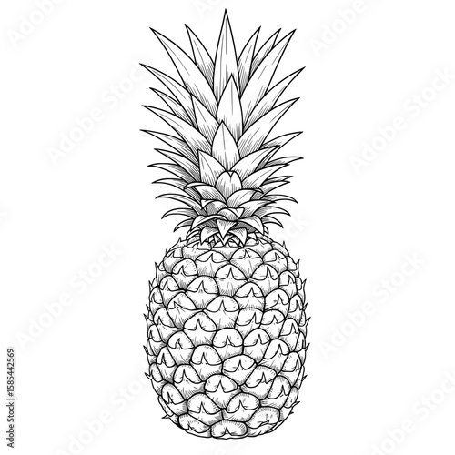 Hand-drawn illustration of a pineapple with spiky leaves, detailed skin and texture