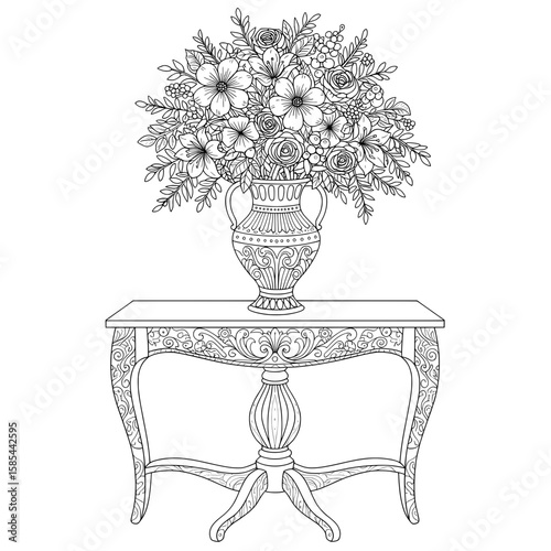 Floral Vase Ornate vase of flowers sitting atop a table, with swirling designs