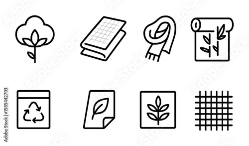 Ecological Textile Icons. Outline icon set of ecological textile design: organic cotton, linen fabric, hemp