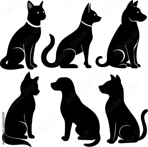 6 Cat and Dog Sitting Silhouette Vector Illustrations