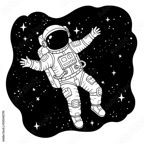 Outlined astronaut floating in space with stars, set against a black background
