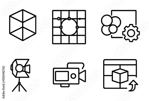3D Animation Icon Set. Outline icon set of 3D animation production: wireframe model, mesh tool, texture