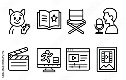 Cartoon Movie Icons Set. Outline icon set of cartoon movie production: animated hero, script book, director