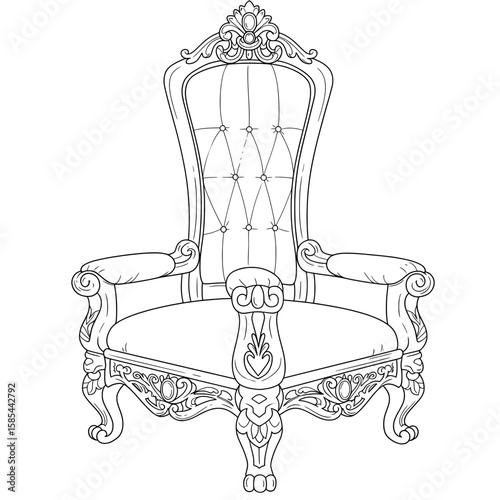 Luxurious throne, with high back, padded seat, ornate details, elegant & grand, royal seat