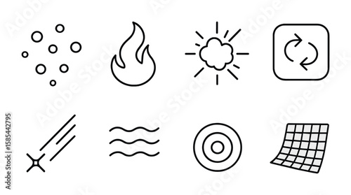 Animation CGI Icons Set. Outline icon set of CGI effects in animation: digital particle, fire swirl, explosion