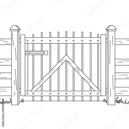 Simple illustration of a wooden fence with latch in black and white