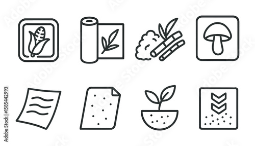 Biodegradable Icons Set. Outline icon set of biodegradable materials: corn starch tray, bamboo wrap, sugarcane