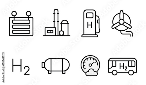 Green Hydrogen Icons. Outline icon set of green hydrogen systems: electrolyzer stack, hydrogen production