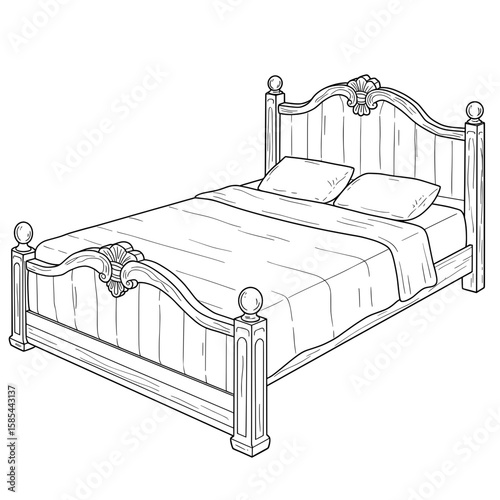Bed's outline drawing features a wooden frame, bedding, and pillows in a sketch style