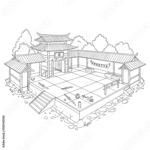 Japanese dojo with swords and weapons. Exterior features trees and architecture