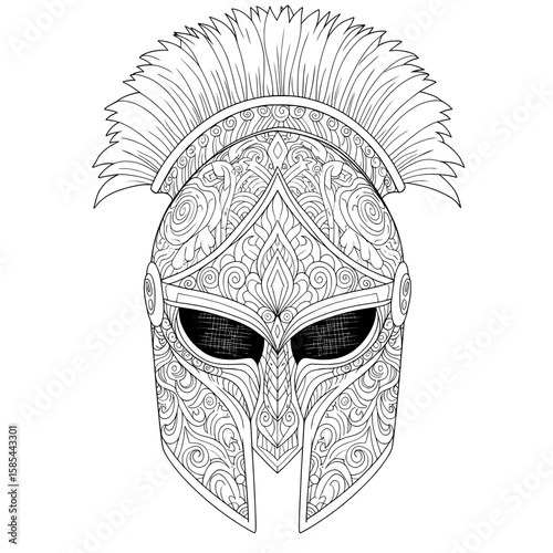 Detailed black and white illustration of a helmet with ornamental details and a crest