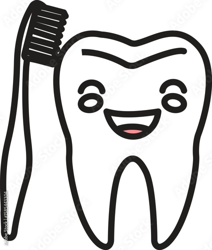 Tooth with toothbrush icon symbolizing brushing habit and dental hygiene routine with transparent background