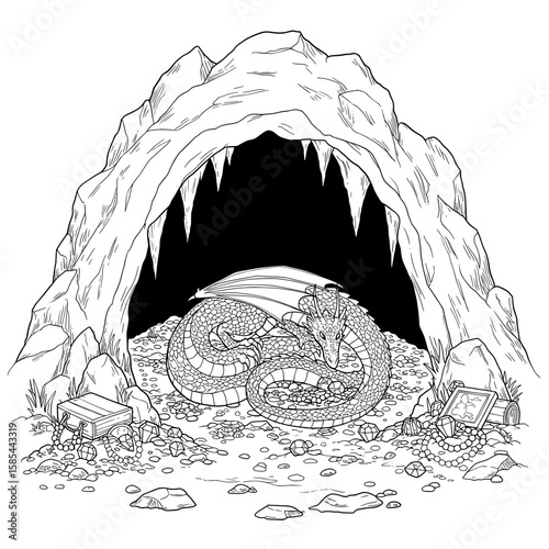 Dragon sleeps on treasure hoard inside a cavern with icicle-like stalactites overhead