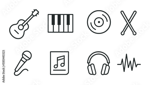 Music Icons Outline. Outline icon set of music as self-expression: guitar, piano keys, vinyl record,
