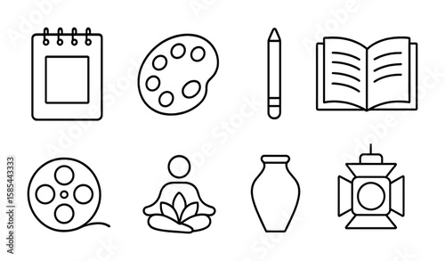 Creative Self-Discovery Icons. Outline icon set of creative self-discovery: sketchpad, paint palette, writing