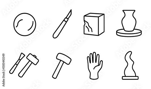 Sculpture Icon Set. Outline icon set of sculpture and tactile art: clay ball, carving tool, stone block,