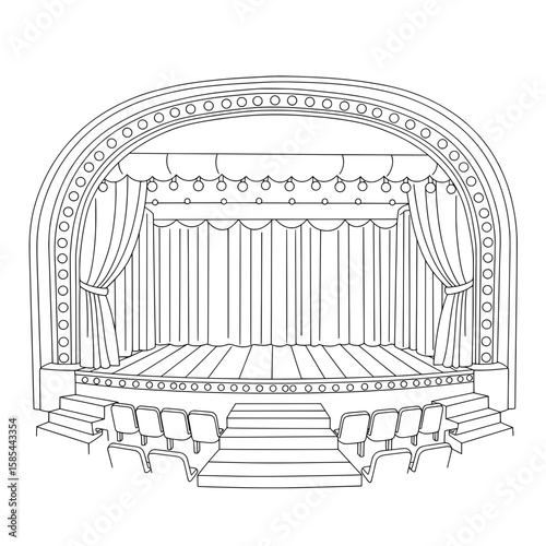 Stage Drawing A linear drawing shows stage with curtains, lights, & arched frame