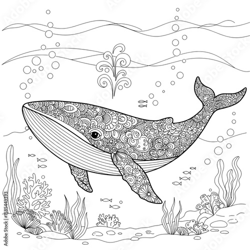 Ornate Whale An intricate line drawing of a whale swimming underwater, surrounded by bubbles