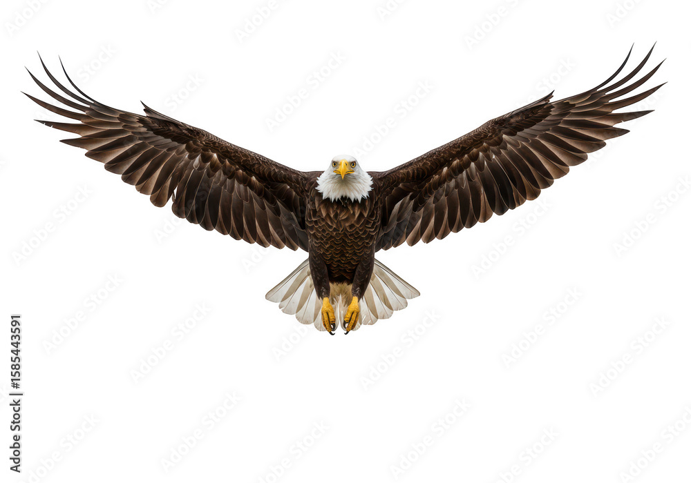 Fototapeta premium A majestic bald eagle in flight with its wings fully spread, viewed from the front, isolated on white isolated on transparent background