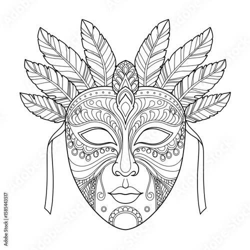 Decorative, detailed venetian mask with feathers. Coloring page, outline art
