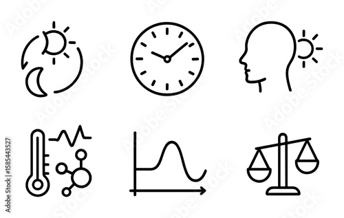 Circadian Rhythm Icons. Outline icon set of circadian rhythm: sun and moon cycle, internal clock, light