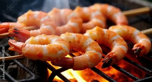 Delicious shrimp skewers grilling with smoky flames rising from the barbecue for a summer dinner