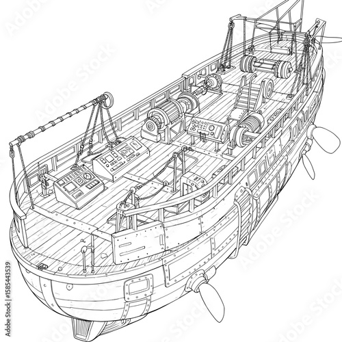 Deck view of a ship illustration with control panels, mechanisms and propeller