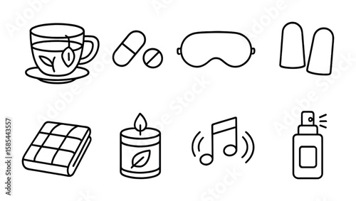 Sleep Aid Icons. Outline icon set of common sleep aids: herbal tea, melatonin pill, eye mask, ear plugs,