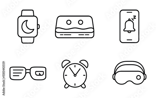 Sleep Tech Icon Set. Outline icon set of sleep technology and tools: sleep tracker watch, smart mattress,