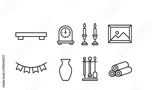 Fireplace Mantel Icons. Outline icon set of fireplace mantel: mantel shelf, decorative clock, candlesticks,