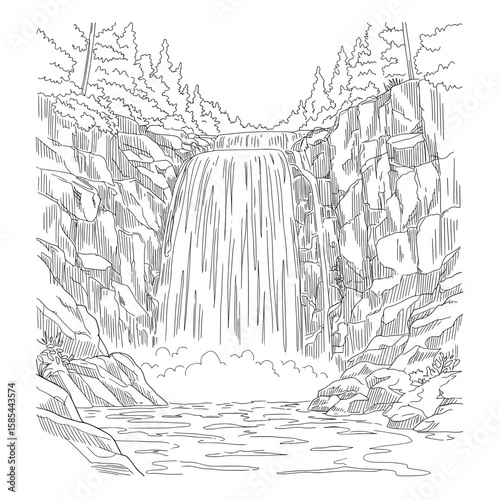 Cascading Waterfall Black and white drawing of a waterfall surrounded by rocks and trees